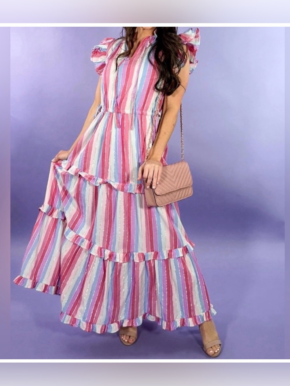 Victoria Dunn Pink, Blue & White Striped Ruffle Tiered Maxi Dress size small